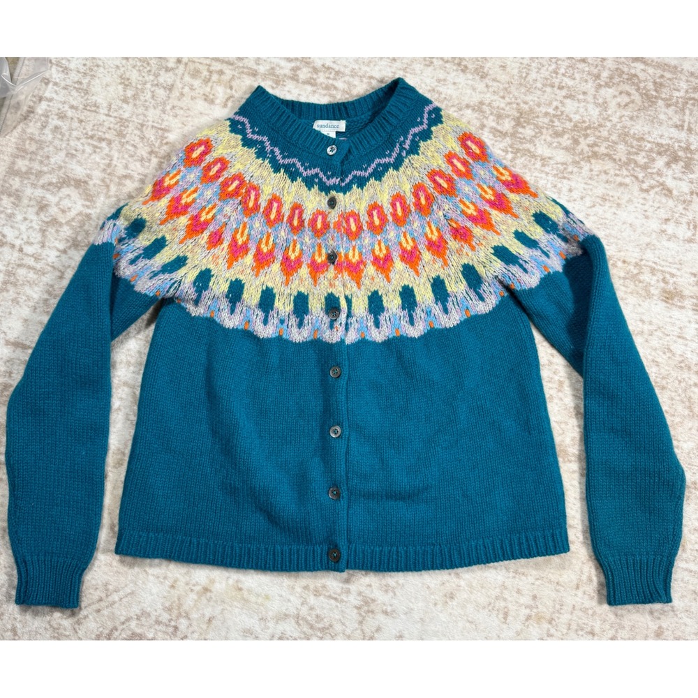 Sundance Cardigan Sweater Womens Medium Teal Blue Excellent Fair Isle Lambswool